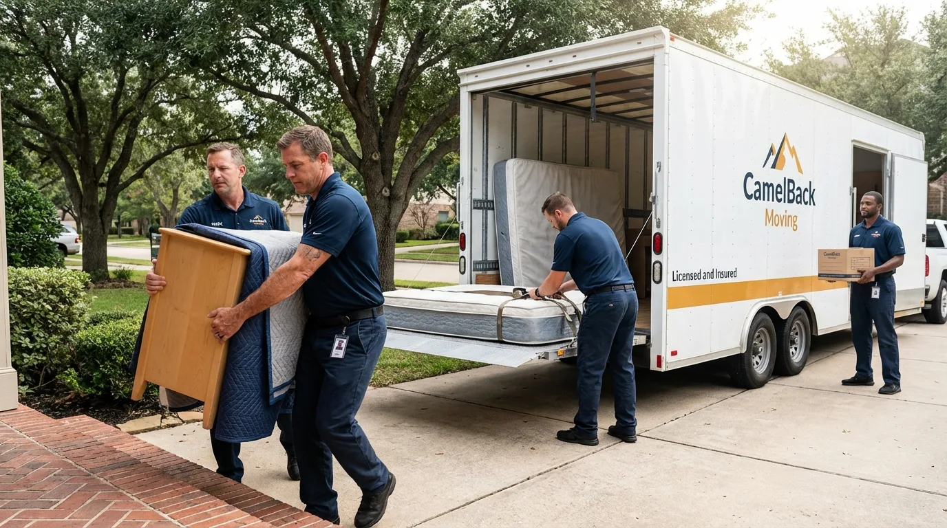 Crew loading residential truck for cross-state move from Huntington, UT