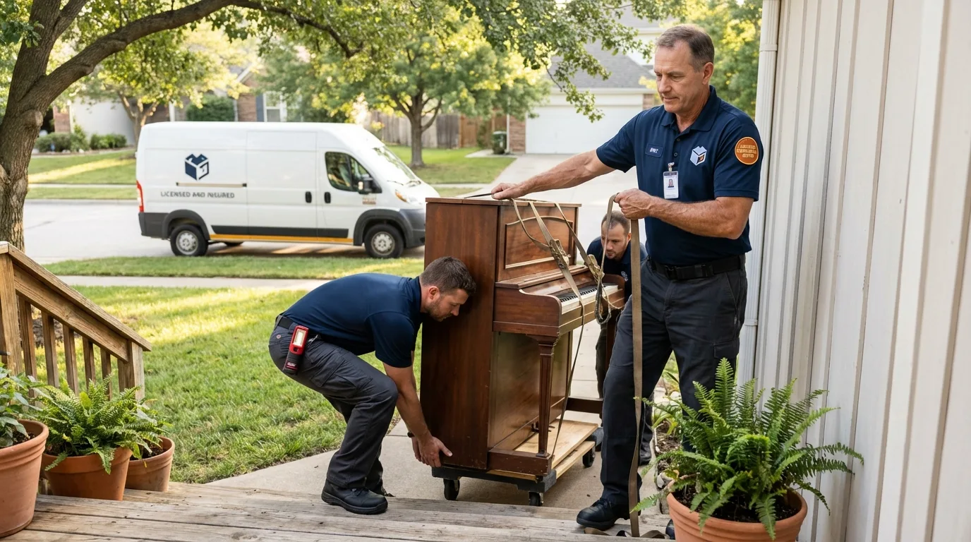 Licensed piano movers securing grand piano in Huntington, UT