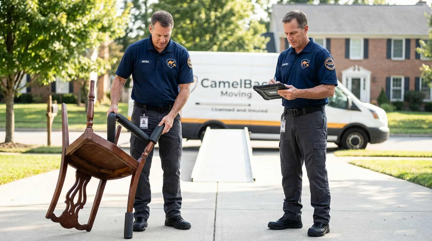Movers inspecting furniture for damage prevention before loading in Huntington, UT