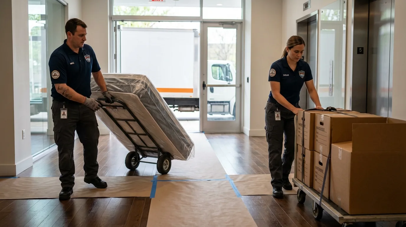 Professional apartment movers loading elevator in Huntington, UT
