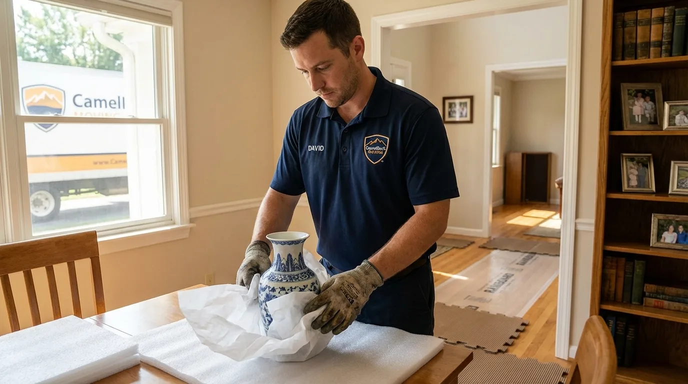 Professional crew carefully wrapping antique vase for senior downsizing move in Huntington, UT